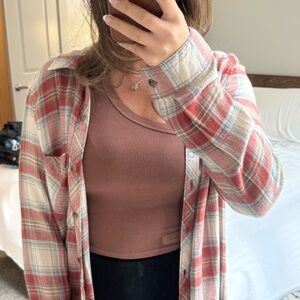 Plaid Button-Up Shirt in Red and Cream